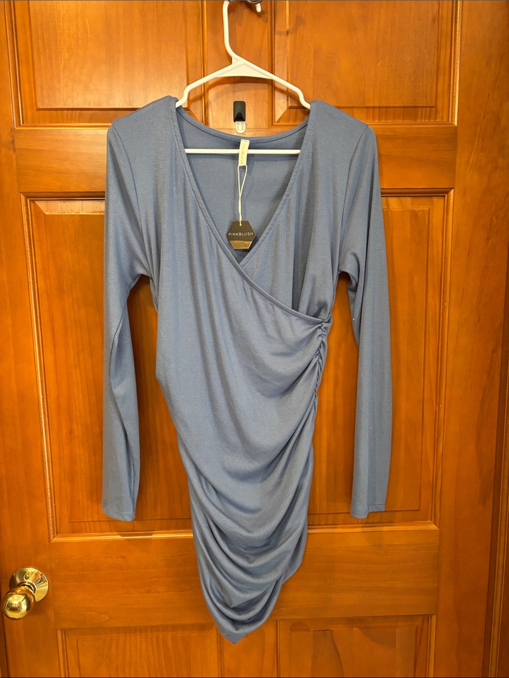 Pinkblush Dusty Blue Ruched Wrap Long Sleeve Dress